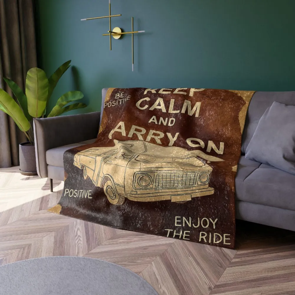 Crushed Velvet Blanket — "Keep Calm and Carry On" RV Travel Throw (Vintage Camper, Cozy Road-Trip Gift)