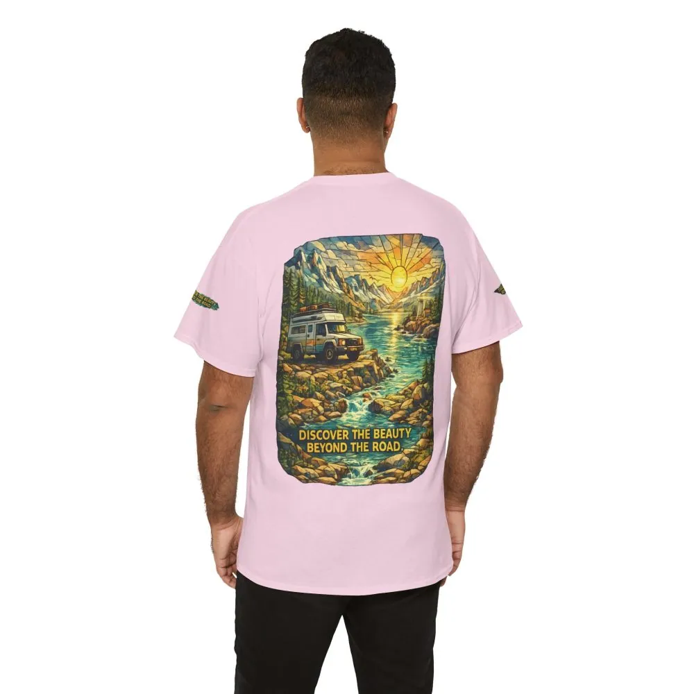 Unisex Heavy Cotton Tee — "Discover The Bieuty Beyond The Road" Design Cubic-Line