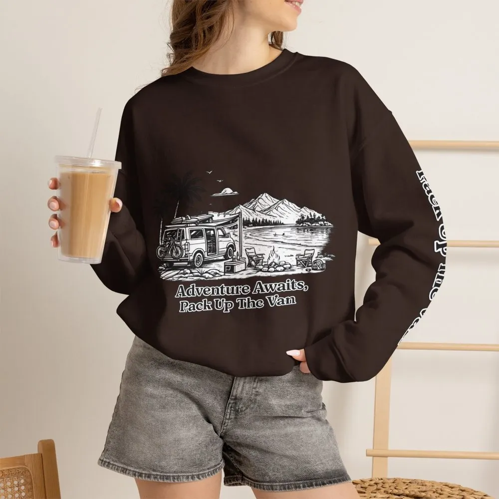 Unisex Heavy Blend™ Crewneck Sweatshirt — "Adventure Awaits,Pack Up The Van" Design Minimal-Line