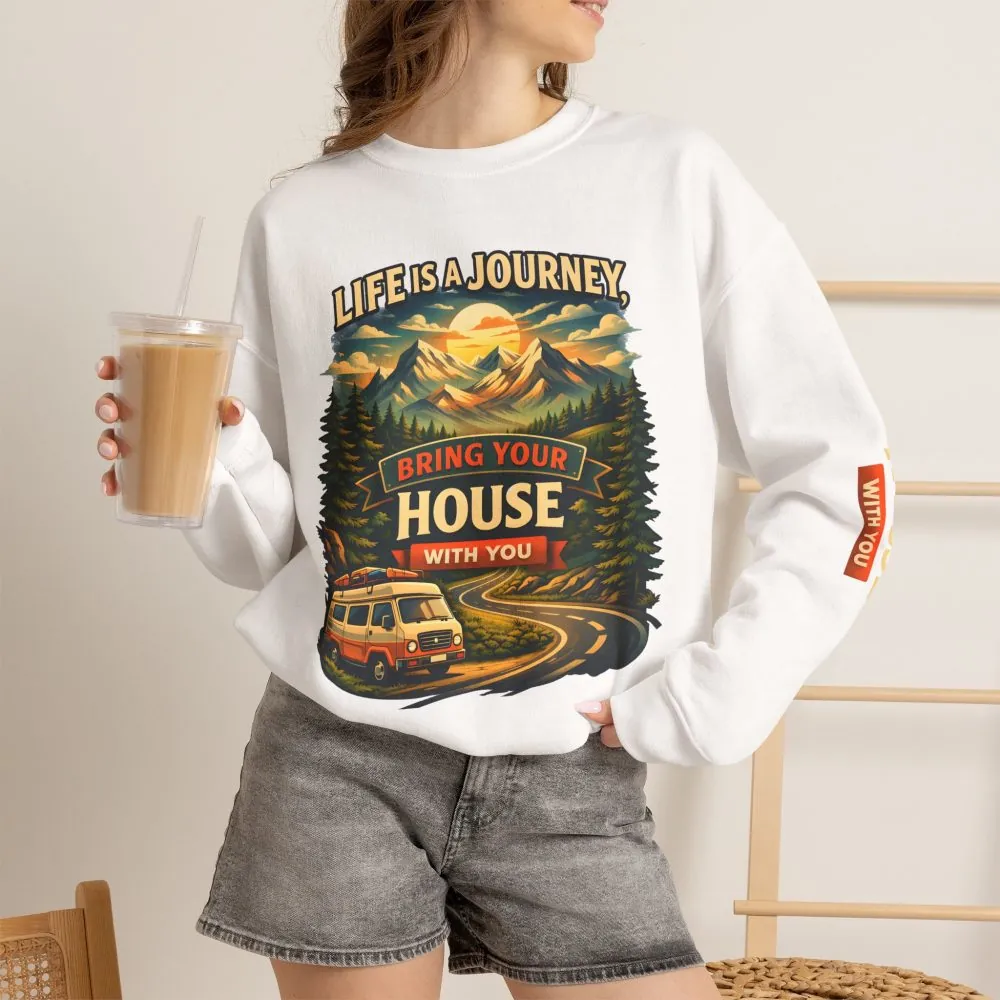 Unisex Heavy Blend™ Crewneck Sweatshirt — "Live Is A Journey-Bring Your House With You" Design Scenic-Line