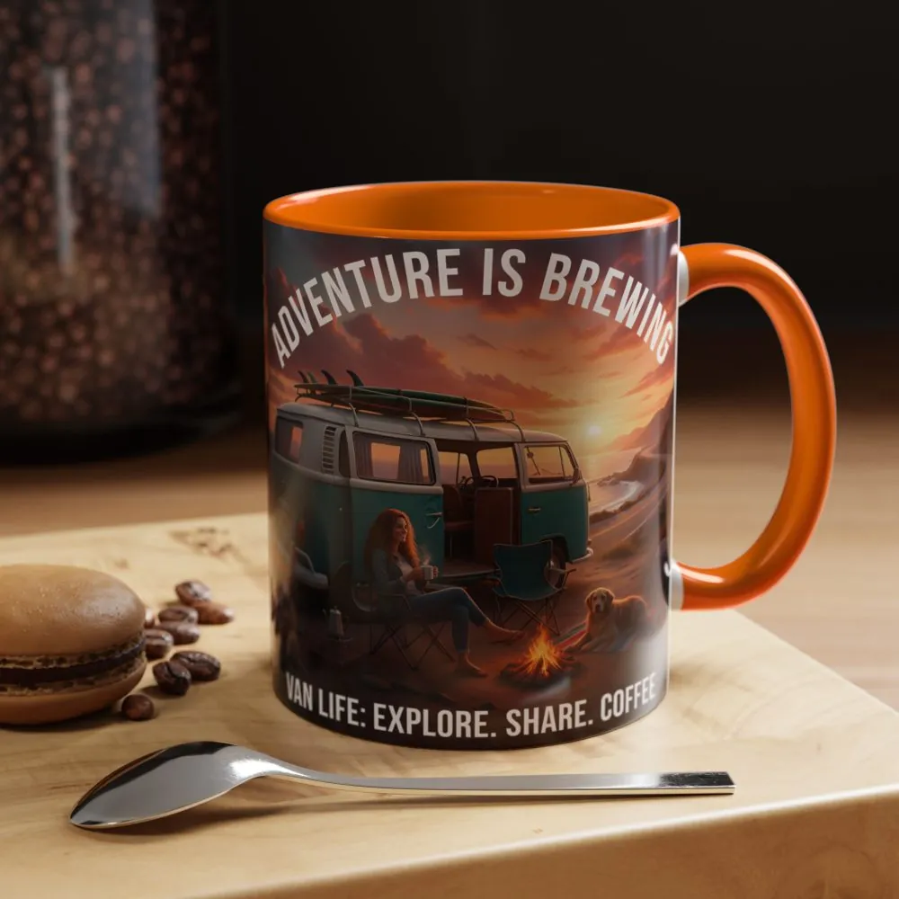 Accent Coffee Mug (11, 15oz) — "Adventure is brewing"