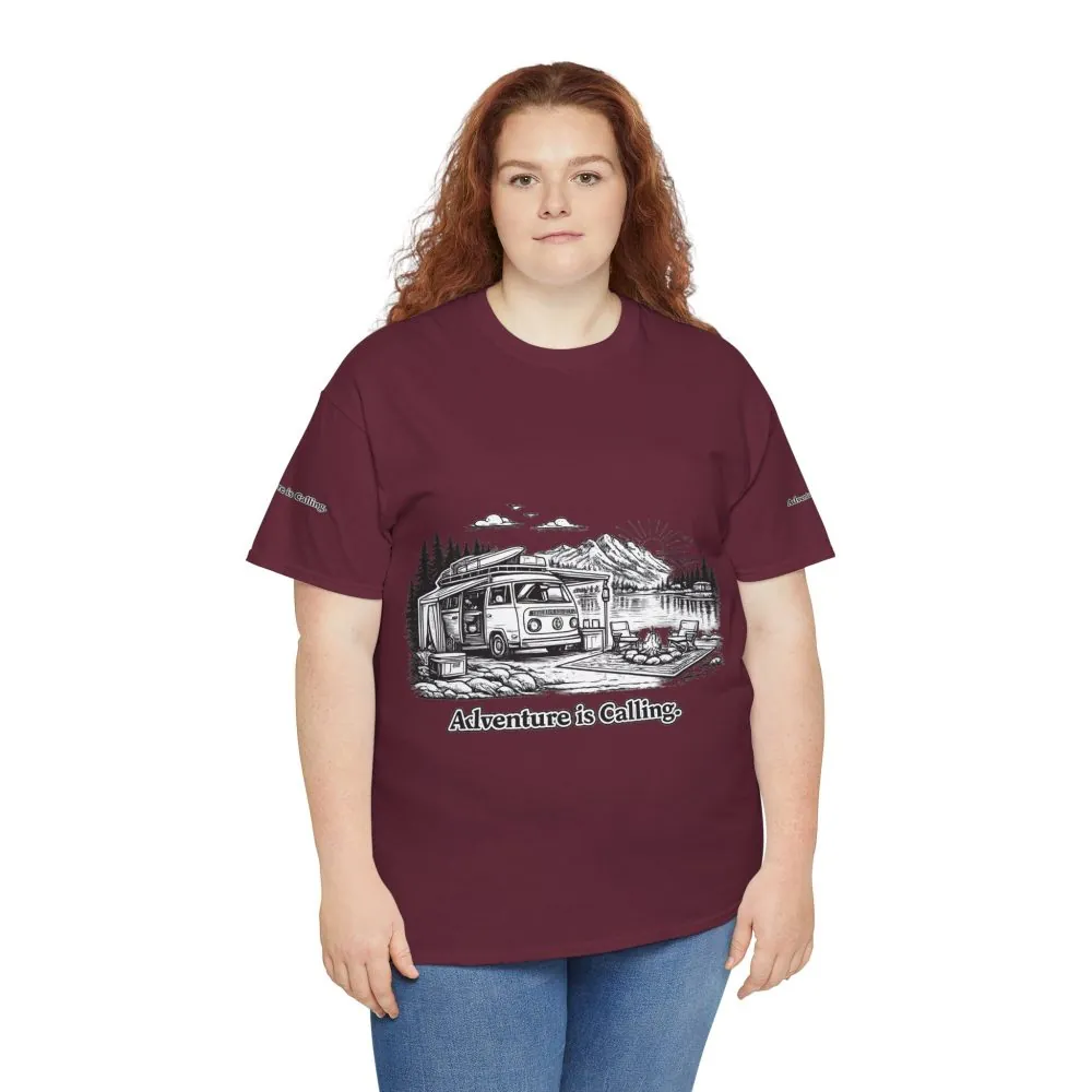 Unisex Heavy Cotton Tee — "Adventure Is Calling" Design Minimal-Line