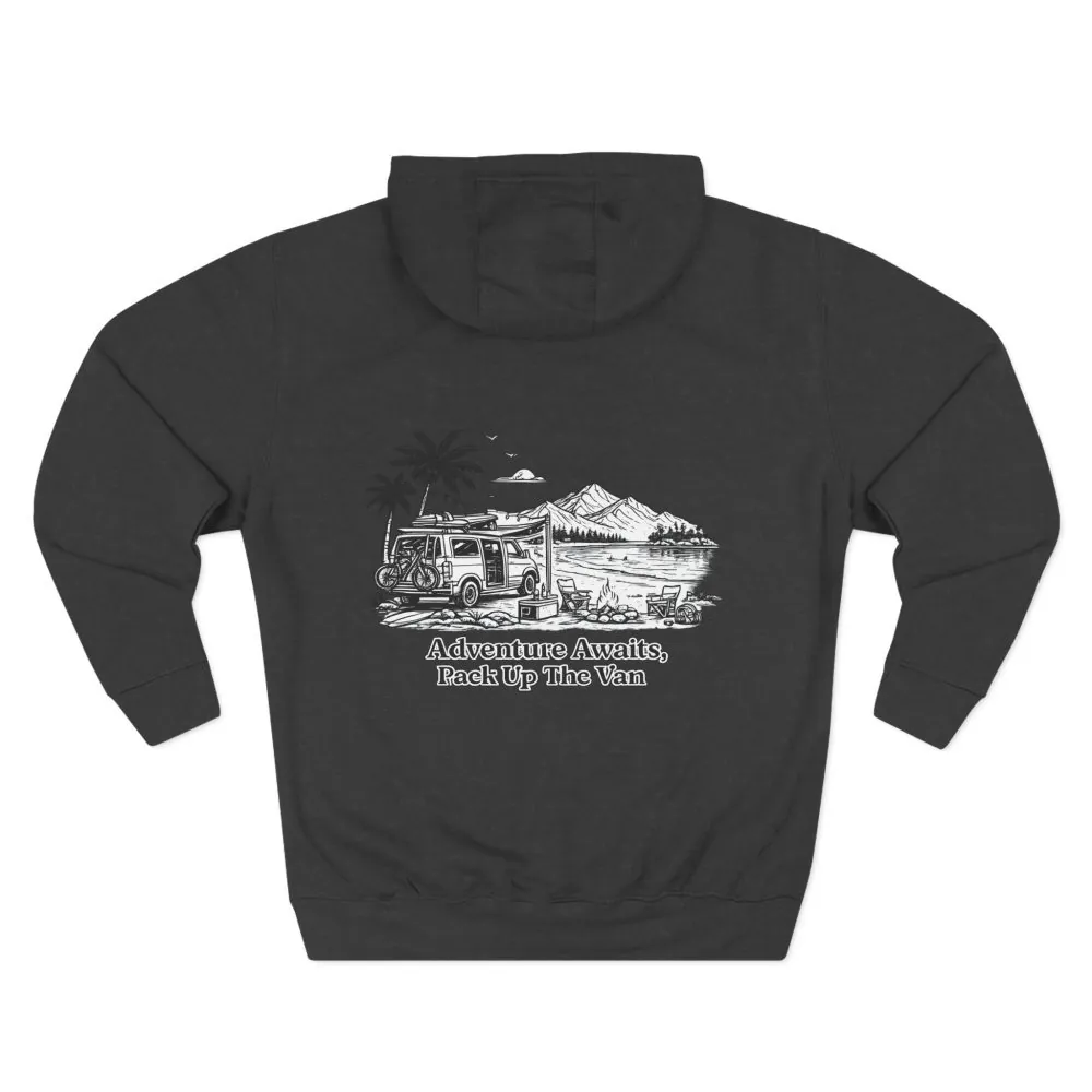 Three-Panel Fleece Hoodie - "Adventure Awaits,Pack Up The Van" Design Minimal-Line