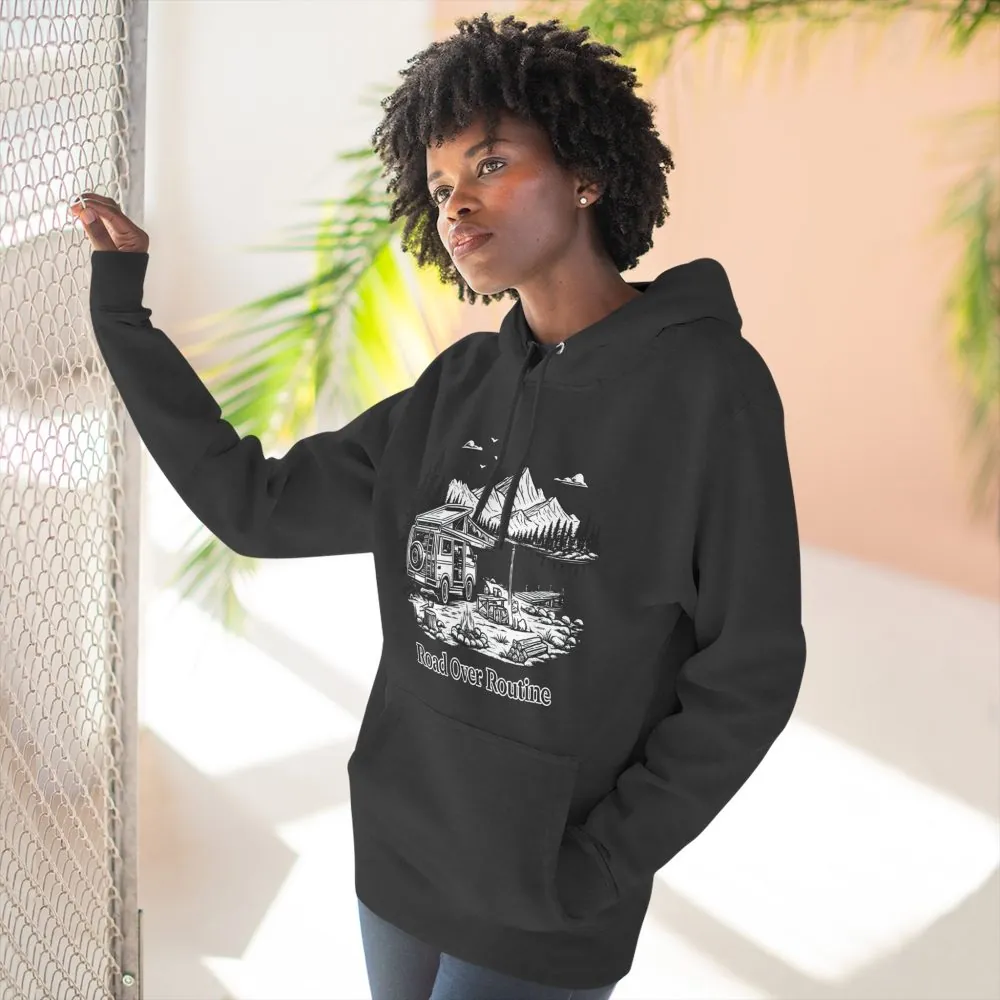 Three-Panel Fleece Hoodie - "Road Over Routine" Design Minimal-Line