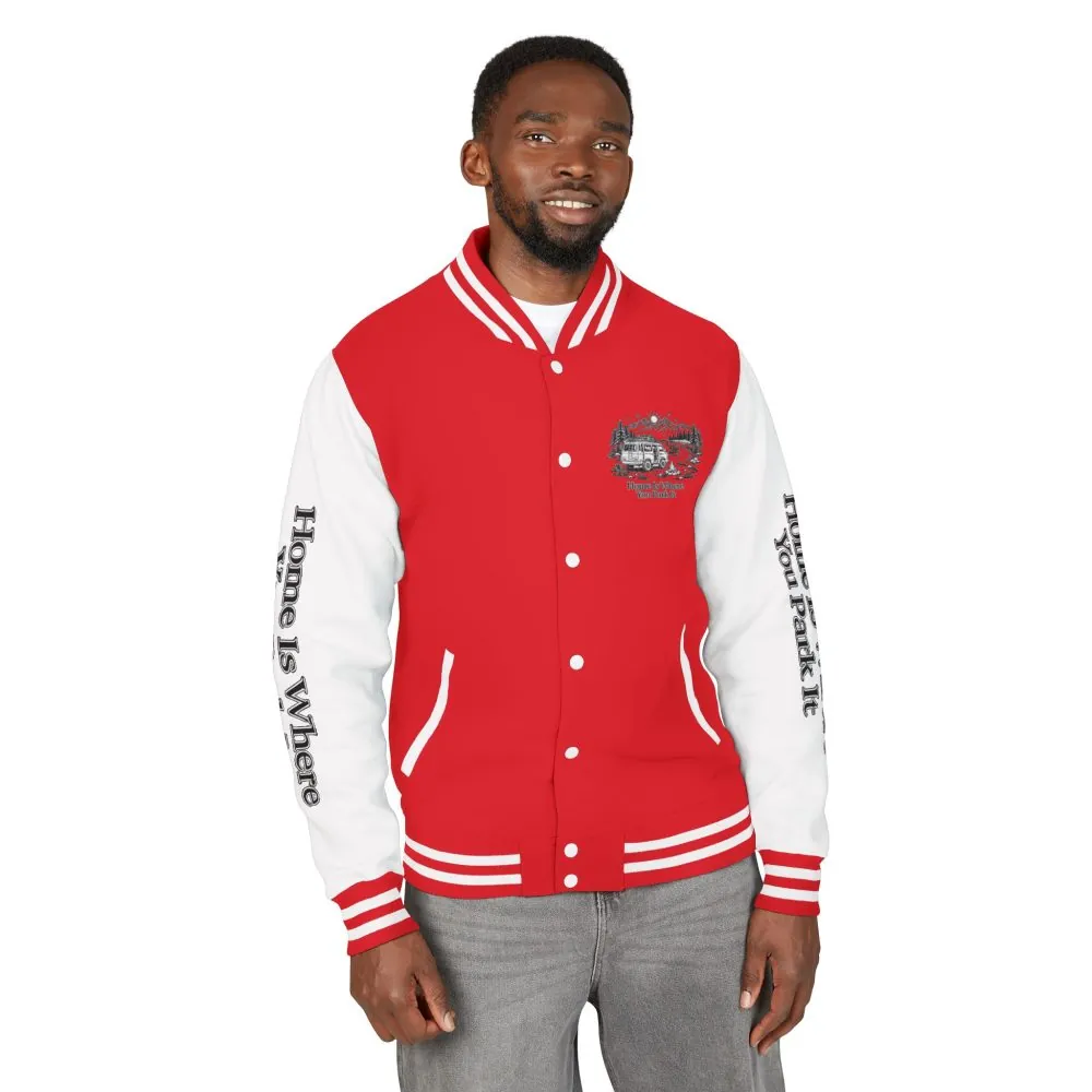 Unisex Heavyweight Letterman Jacket — "Home Is Where You Park It" Travel Varsity Coat