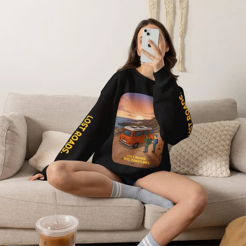 Unisex Heavy Blend™ Crewneck Sweatshirt — "Lost Roads Epic Coastlines" Design Sitcom-Line