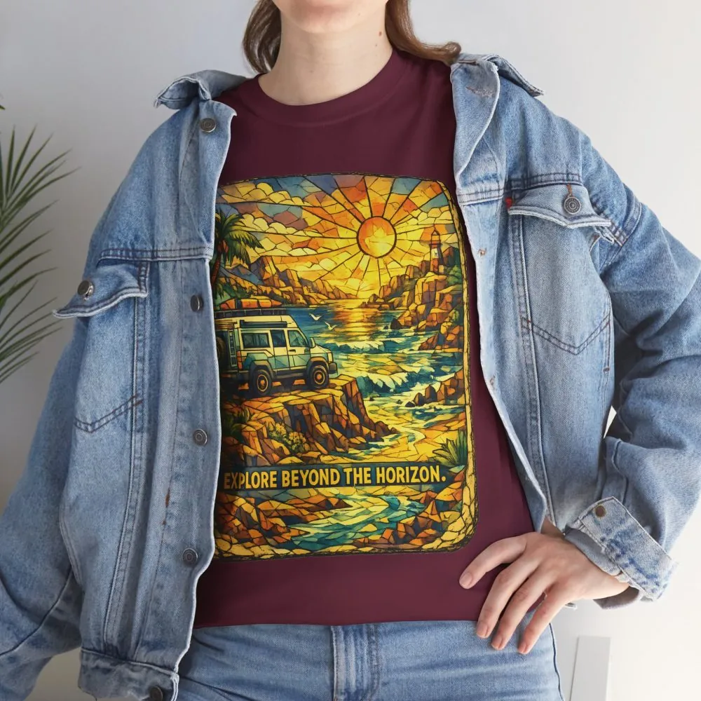 Unisex Heavy Cotton Tee — "Explore Beyond The Horizon" Design Cubic-Line
