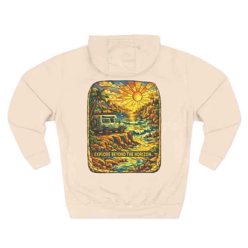 Three-Panel Fleece Hoodie - "Explore Beyond The Horizon" Design Cubic-Line