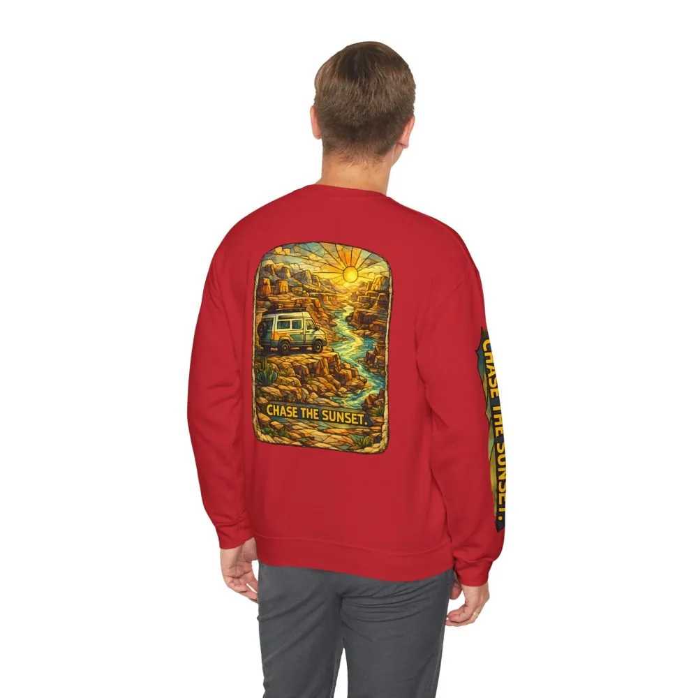 Unisex Heavy Blend™ Crewneck Sweatshirt — "Chase The Sunset" Design Cubic-Line