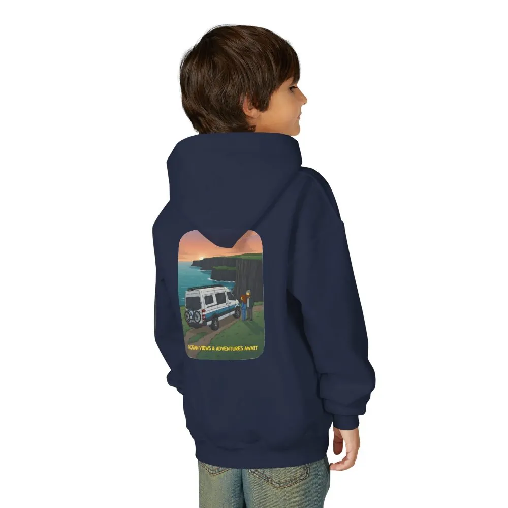 Youth Hoodie(Gildan) – "Ocean Views-Adventures Awaits" (Design Sitcom-Line)