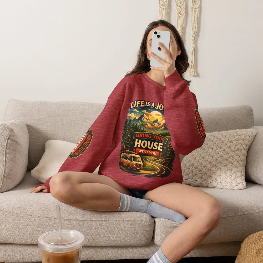 Unisex Heavy Blend™ Crewneck Sweatshirt — "Live Is A Journey-Bring Your House With You" Design Scenic-Line