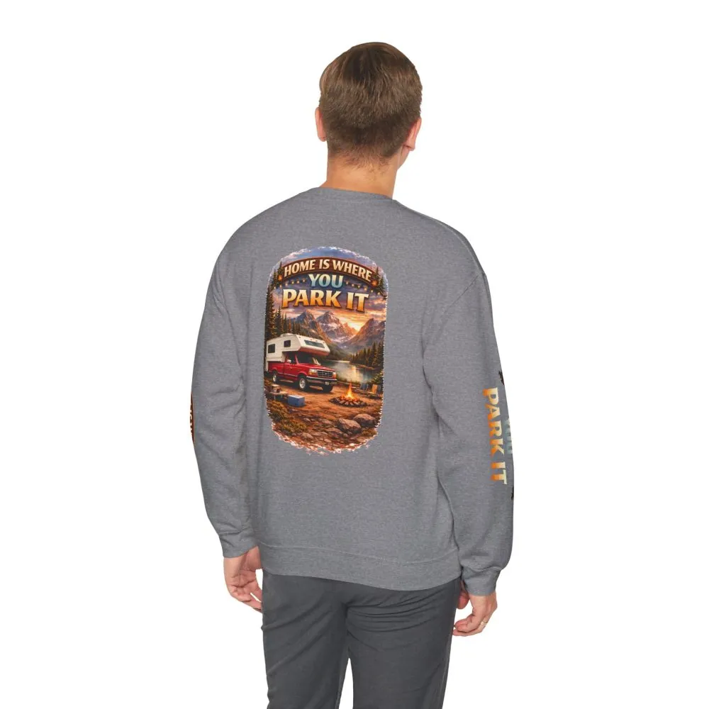 Unisex Heavy Blend™ Crewneck Sweatshirt — "Home Is Where You Park It" Design Scenic-Line