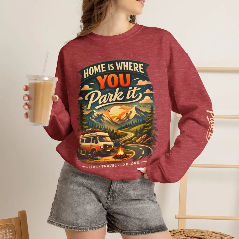 Unisex Heavy Blend™ Crewneck Sweatshirt — "Home Is Where You Park It" Design Scenic-Line