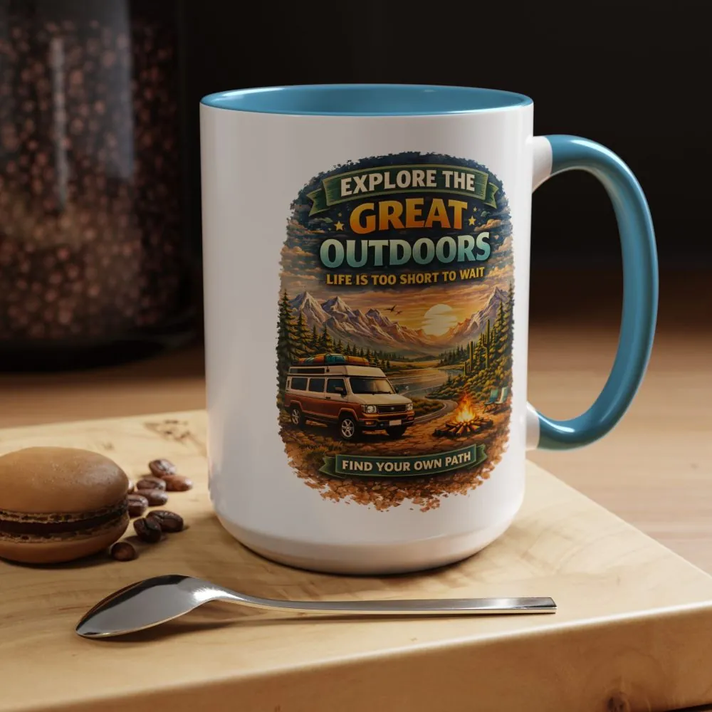 Accent Coffee Mug (11, 15oz) — "Explore The Great Outdoors" Design Scenic-Line