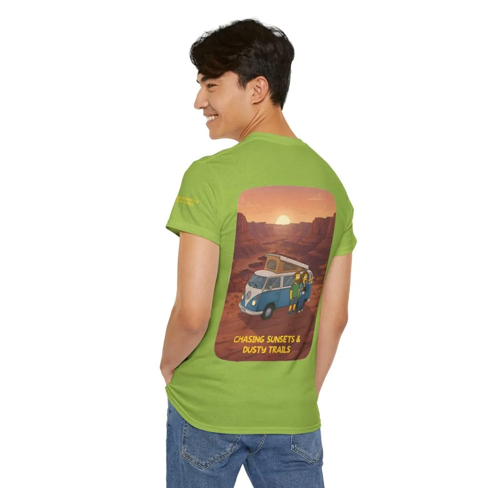 Unisex Heavy Cotton Tee — "Chasing Sunsets And Dusty Trails" Design Sitcom-Line