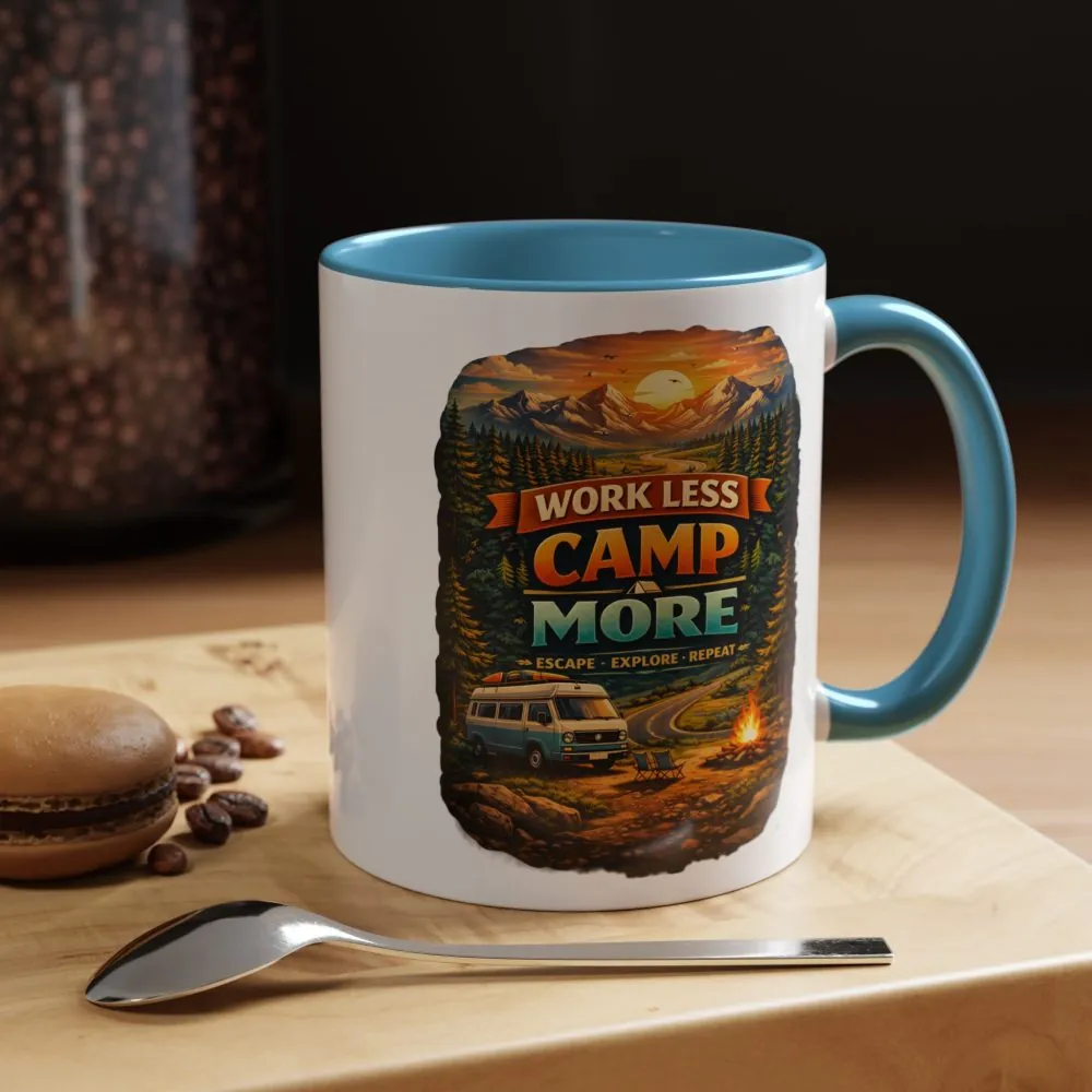 Accent Coffee Mug (11, 15oz) — "Work Less-Camp More" Design Scenic-Line