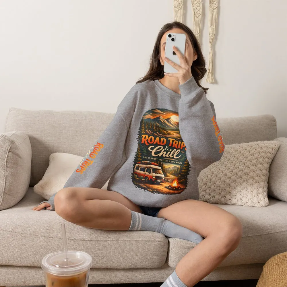 Unisex Heavy Blend™ Crewneck Sweatshirt — "Road Trips & Chill" Design Scenic-Line