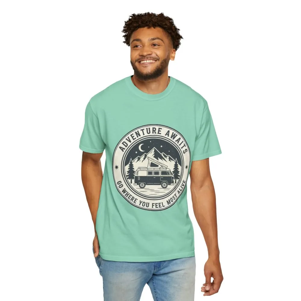 T-Shirt — "Adventure Awaits-Go Where You Feel Most Alive" (Front + Back Printed) Outdoor Travel Tee
