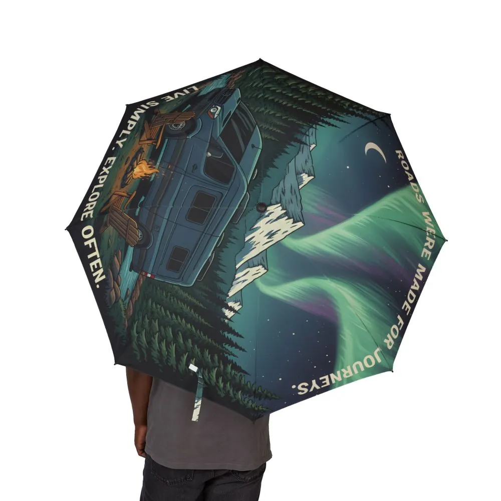 Semi-Automatic Foldable Umbrella — "Roads Where Made For Journeys" Vintage Adventure Print