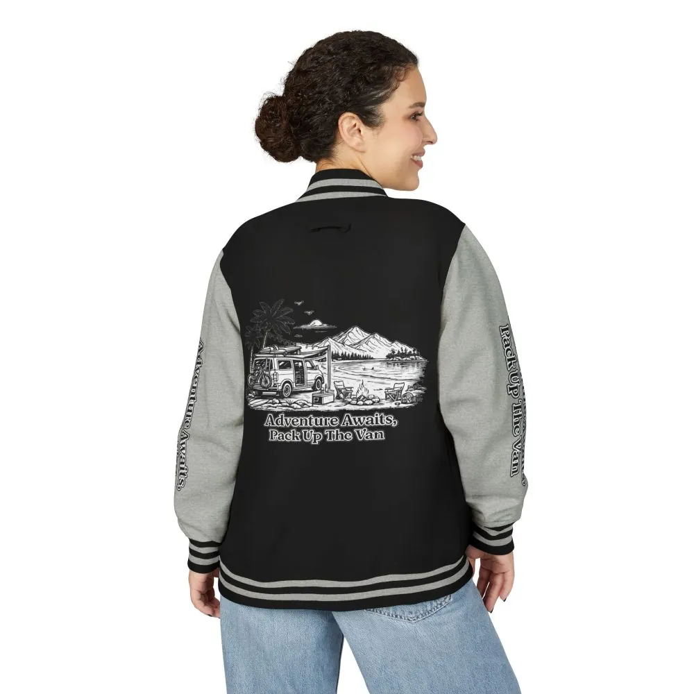 Unisex Heavyweight Letterman Jacket — "Adventure Awaits,Pack Up The Van" Travel Varsity Coat