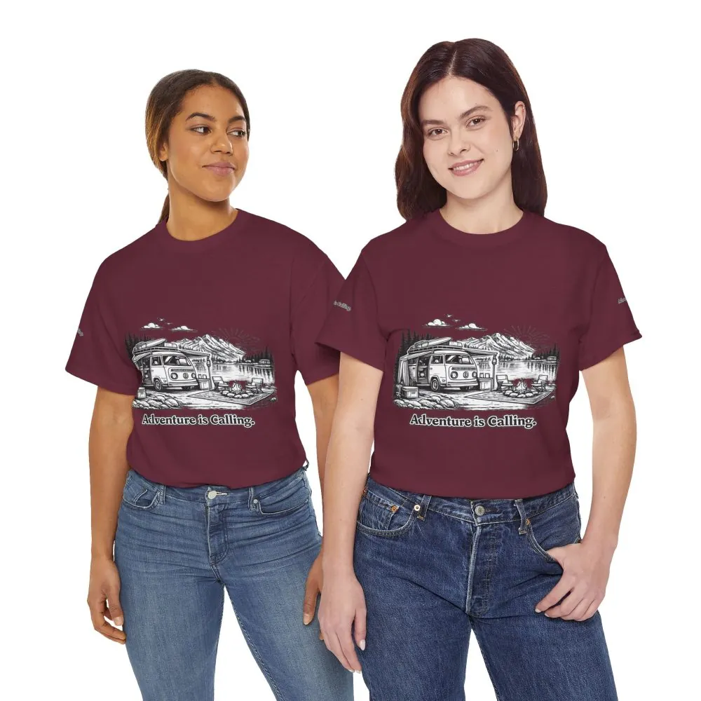 Unisex Heavy Cotton Tee — "Adventure Is Calling" Design Minimal-Line