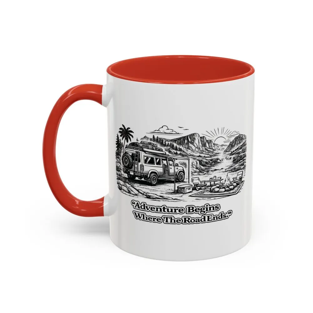Accent Coffee Mug (11, 15oz) — "Adventure Begins Where The Road Ends" Design Minimal-Line