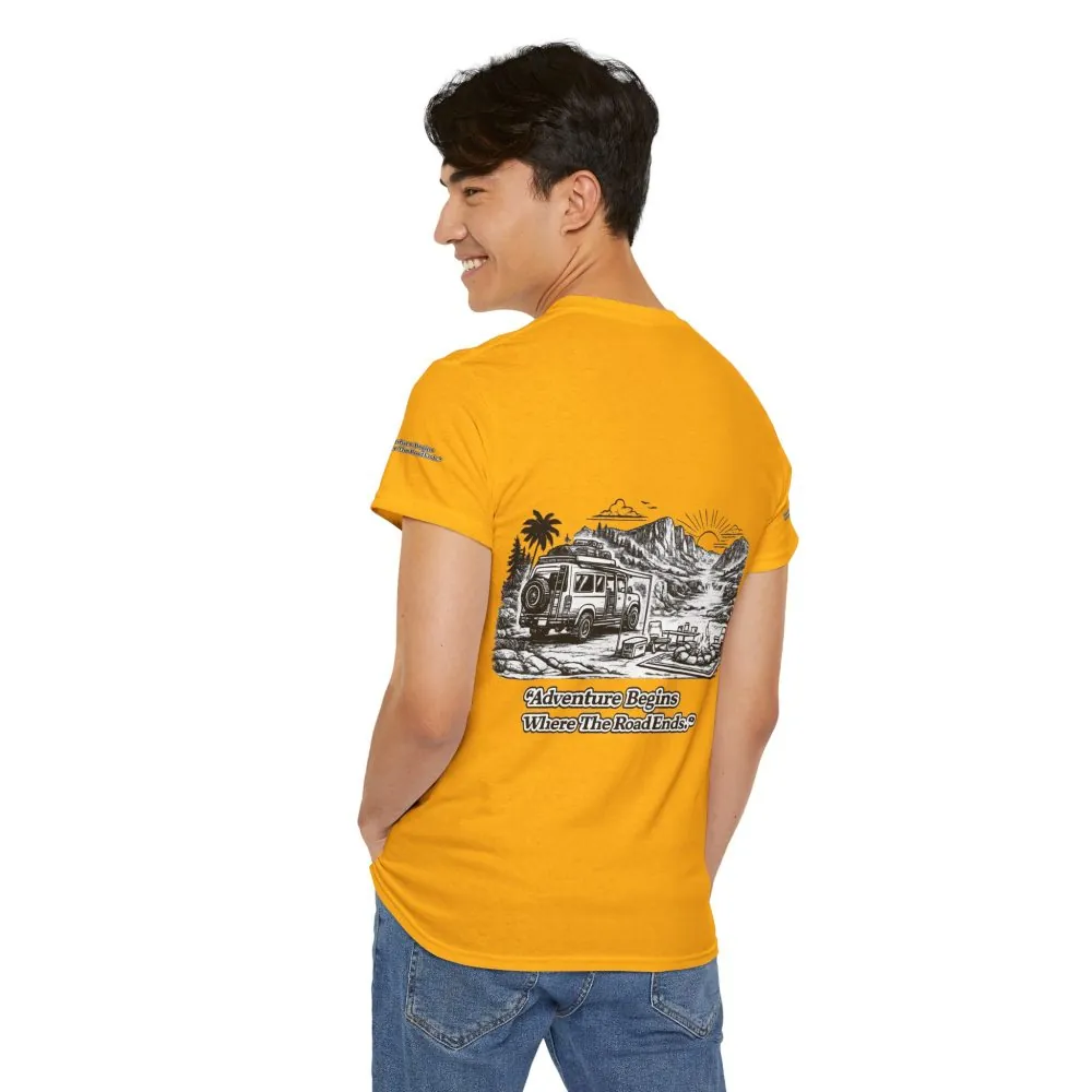 Unisex Heavy Cotton Tee — "Adventure Begins Where The Road Ends" Design Minimal-Line