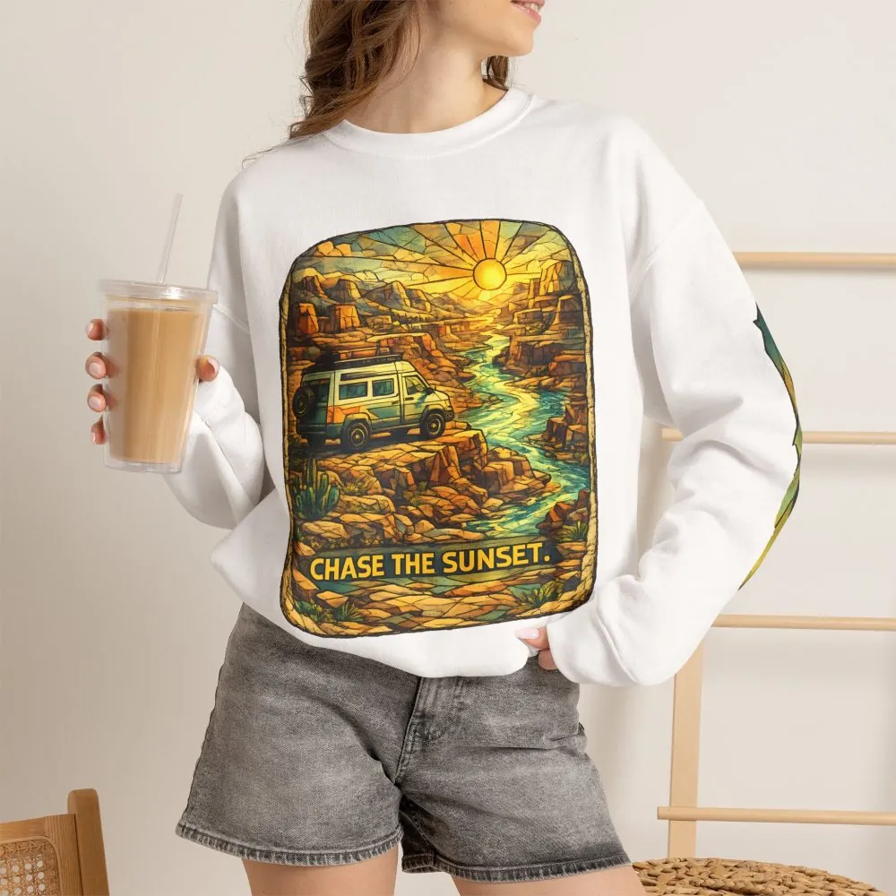 Unisex Heavy Blend™ Crewneck Sweatshirt — "Chase The Sunset" Design Cubic-Line