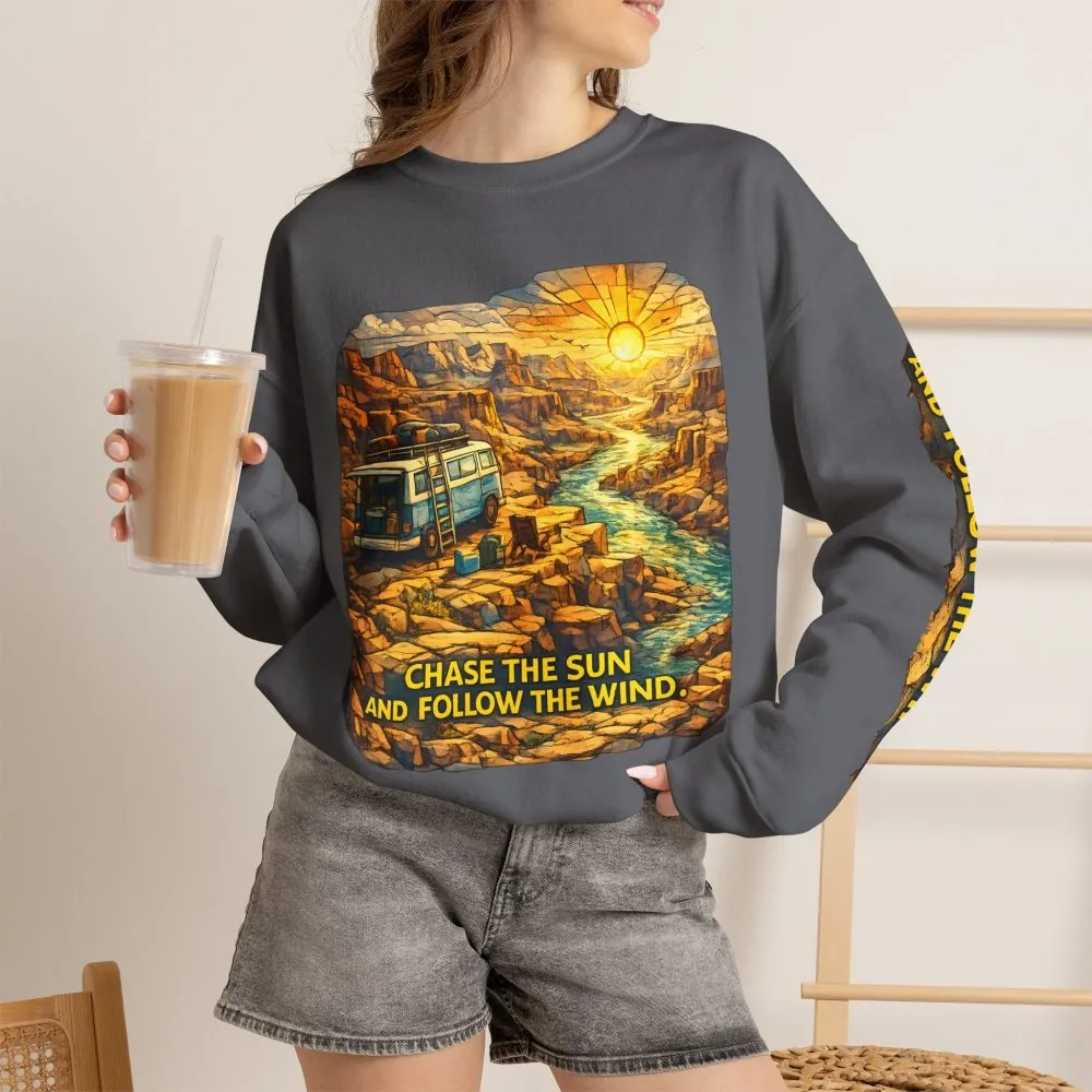Unisex Heavy Blend™ Crewneck Sweatshirt — "Chase The Sun And Follow The Wind" Design Cubic-Line