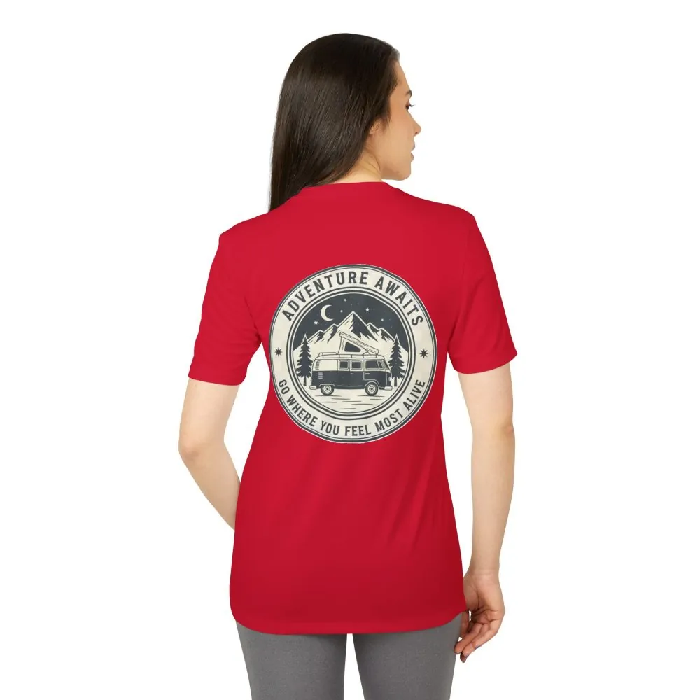 T-Shirt(Adidas) - 'Adventure Awaits-Go Where You Feel Most Alive' (Front + back printed)