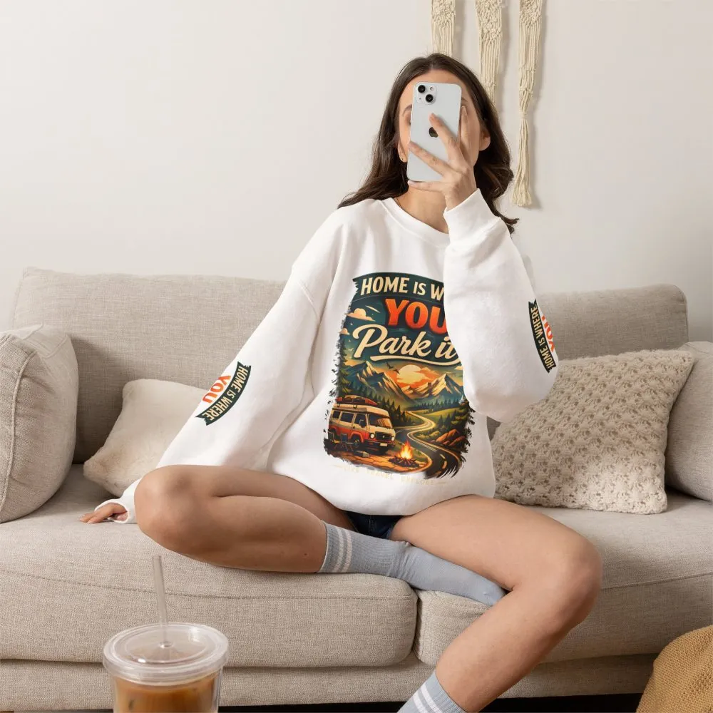 Unisex Heavy Blend™ Crewneck Sweatshirt — "Home Is Where You Park It" Design Scenic-Line