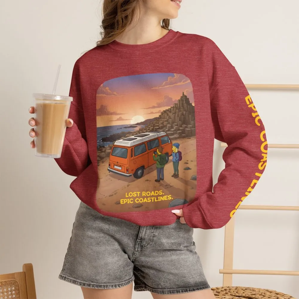Unisex Heavy Blend™ Crewneck Sweatshirt — "Lost Roads Epic Coastlines" Design Sitcom-Line