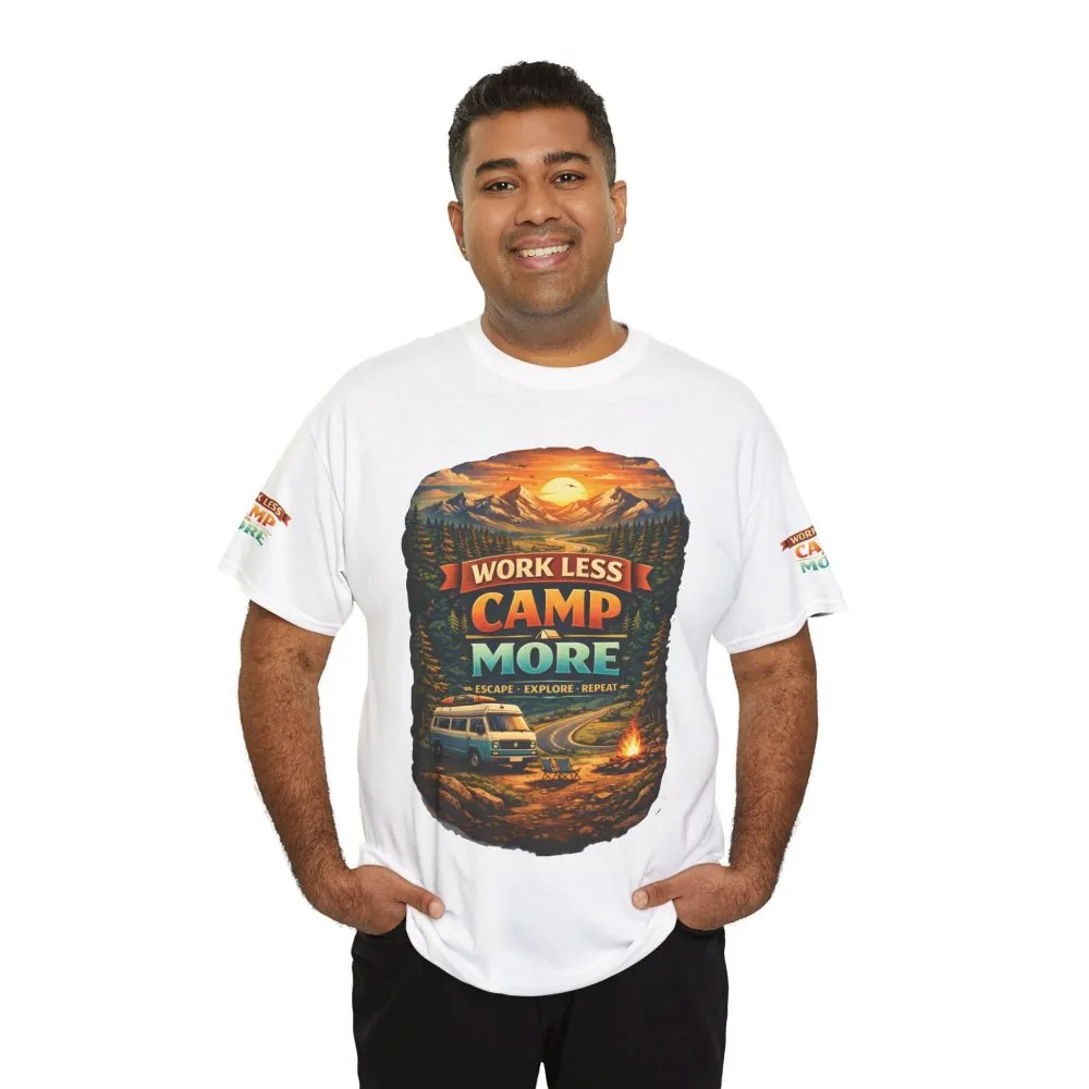 Unisex Heavy Cotton Tee — "Work Less Camp More" Design Scenic-Line