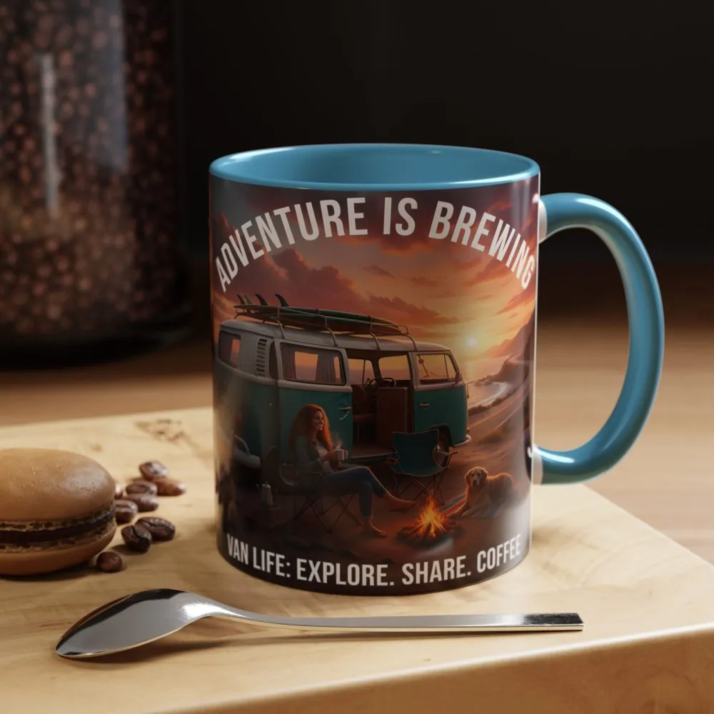 Accent Coffee Mug (11, 15oz) — "Adventure is brewing"