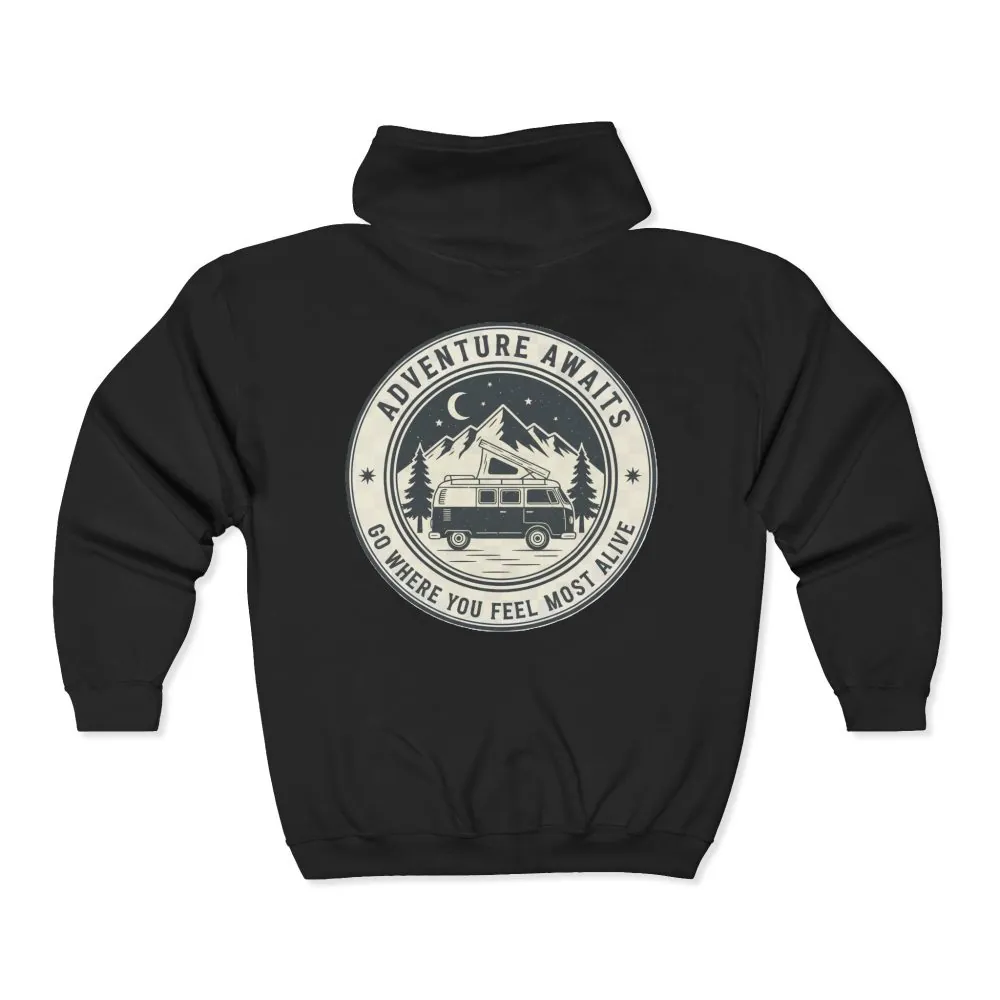 12126308252298646983_2048.jpeg Zip Hoodie — "Adventure Awaits-Go Where You Feel Most Alive" (Only Back Printed) Camper Van Adventure Zip-Up