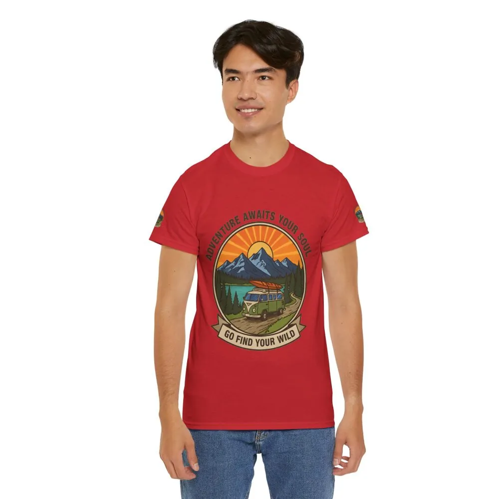 Unisex Heavy Cotton Tee — “Adventure Awaits Your Soul: Go Find Your Wild” Van & Mountain Graphic