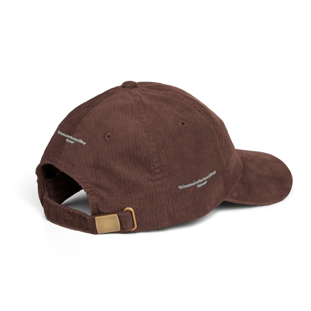 Vintage Corduroy Cap (Embroidery) — "Adventure Awaits Around Every Corner" Embroidered Hat