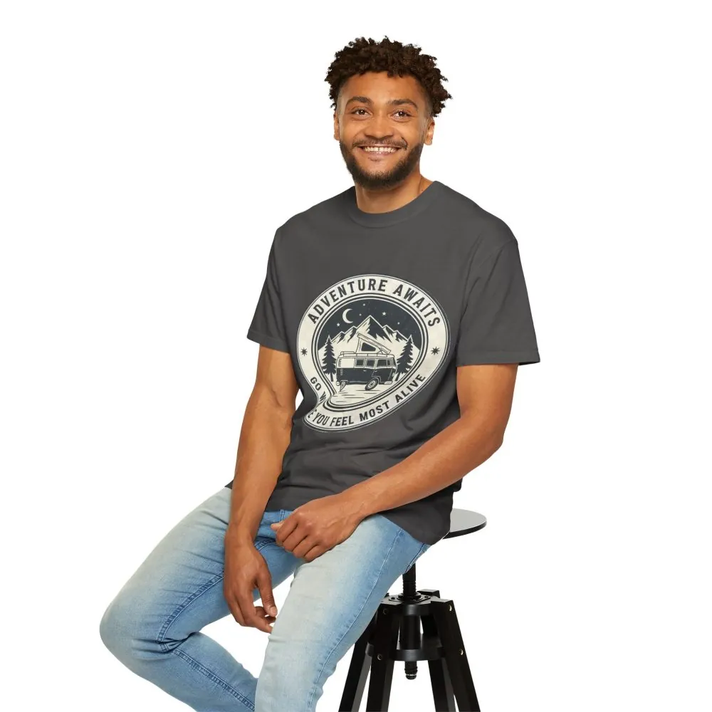 T-Shirt — "Adventure Awaits-Go Where You Feel Most Alive" (Only Front Printed) Outdoor Travel Tee