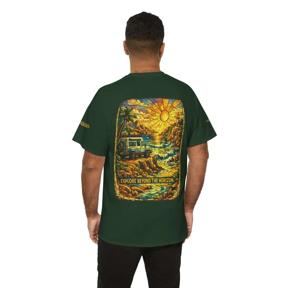 Unisex Heavy Cotton Tee — "Explore Beyond The Horizon" Design Cubic-Line