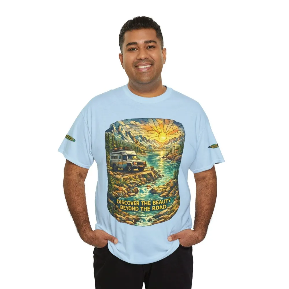 Unisex Heavy Cotton Tee — "Discover The Bieuty Beyond The Road" Design Cubic-Line