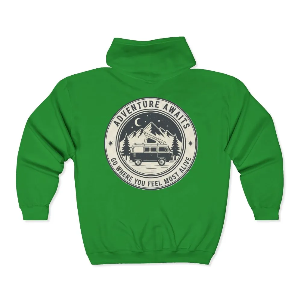 12158228688580382953_2048.jpeg Zip Hoodie — "Adventure Awaits-Go Where You Feel Most Alive" (Only Back Printed) Camper Van Adventure Zip-Up