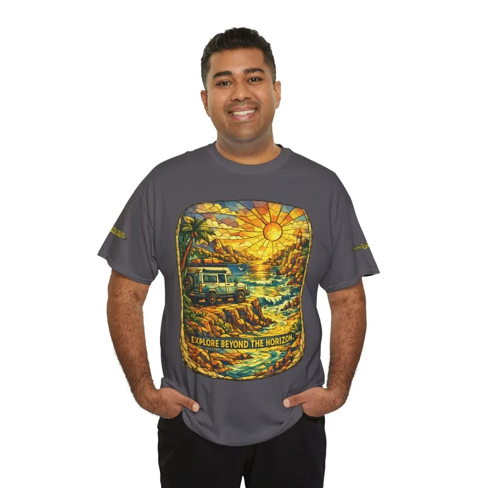 Unisex Heavy Cotton Tee — "Explore Beyond The Horizon" Design Cubic-Line