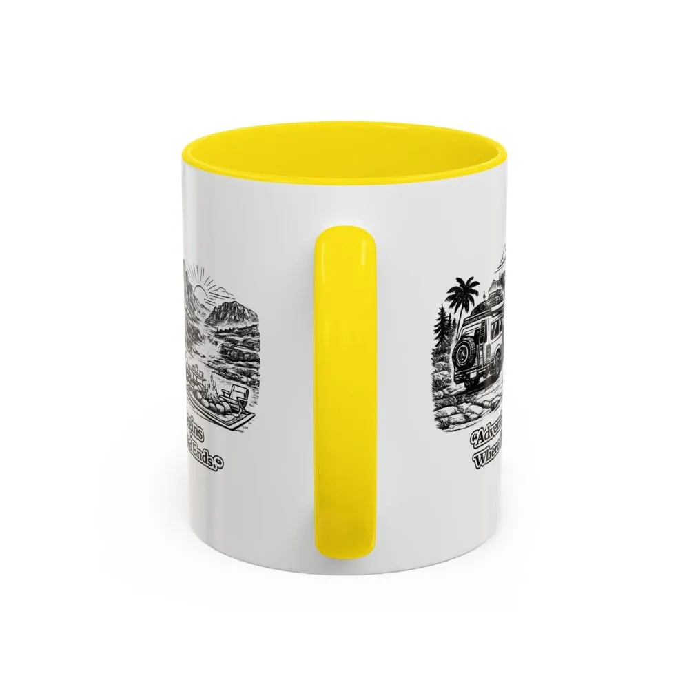 Accent Coffee Mug (11, 15oz) — "Adventure Begins Where The Road Ends" Design Minimal-Line