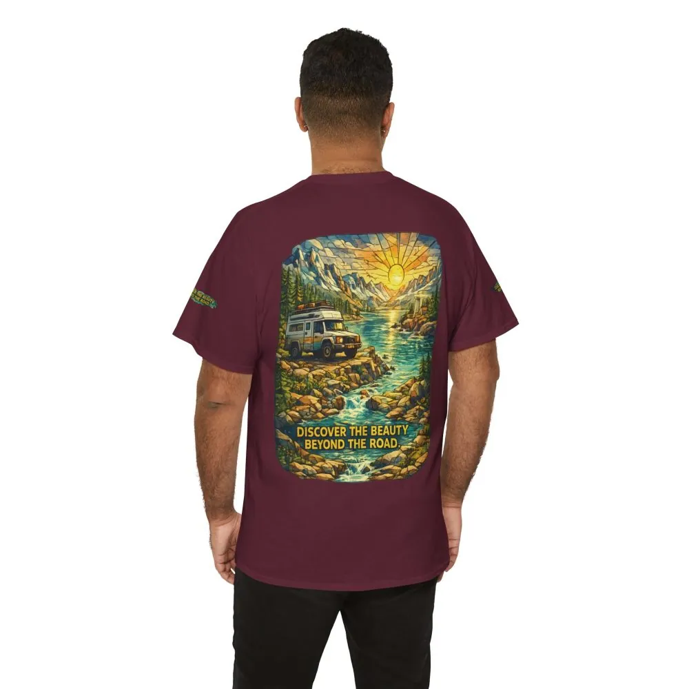 Unisex Heavy Cotton Tee — "Discover The Bieuty Beyond The Road" Design Cubic-Line