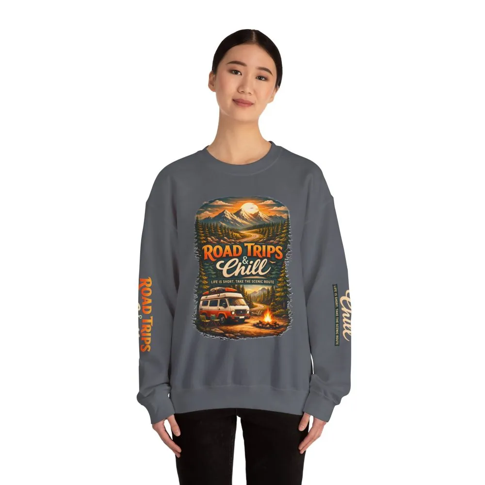 Unisex Heavy Blend™ Crewneck Sweatshirt — "Road Trips & Chill" Design Scenic-Line