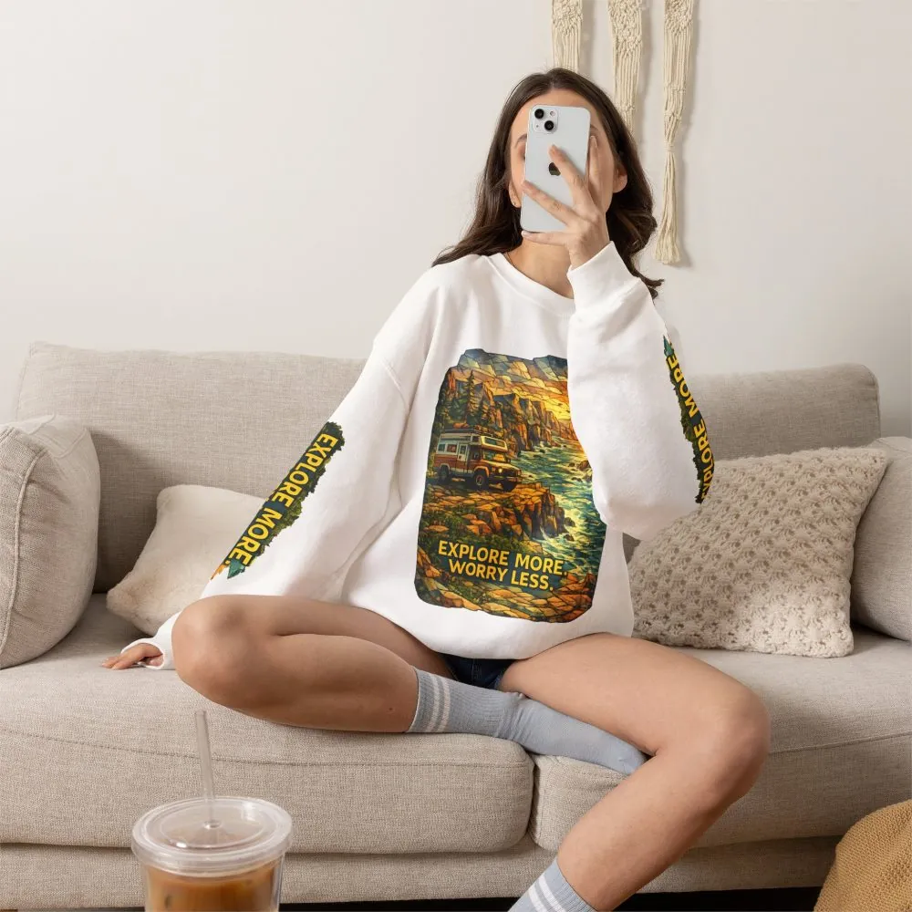 Unisex Heavy Blend™ Crewneck Sweatshirt — "Explore More Worry Less" Design Cubic-Line