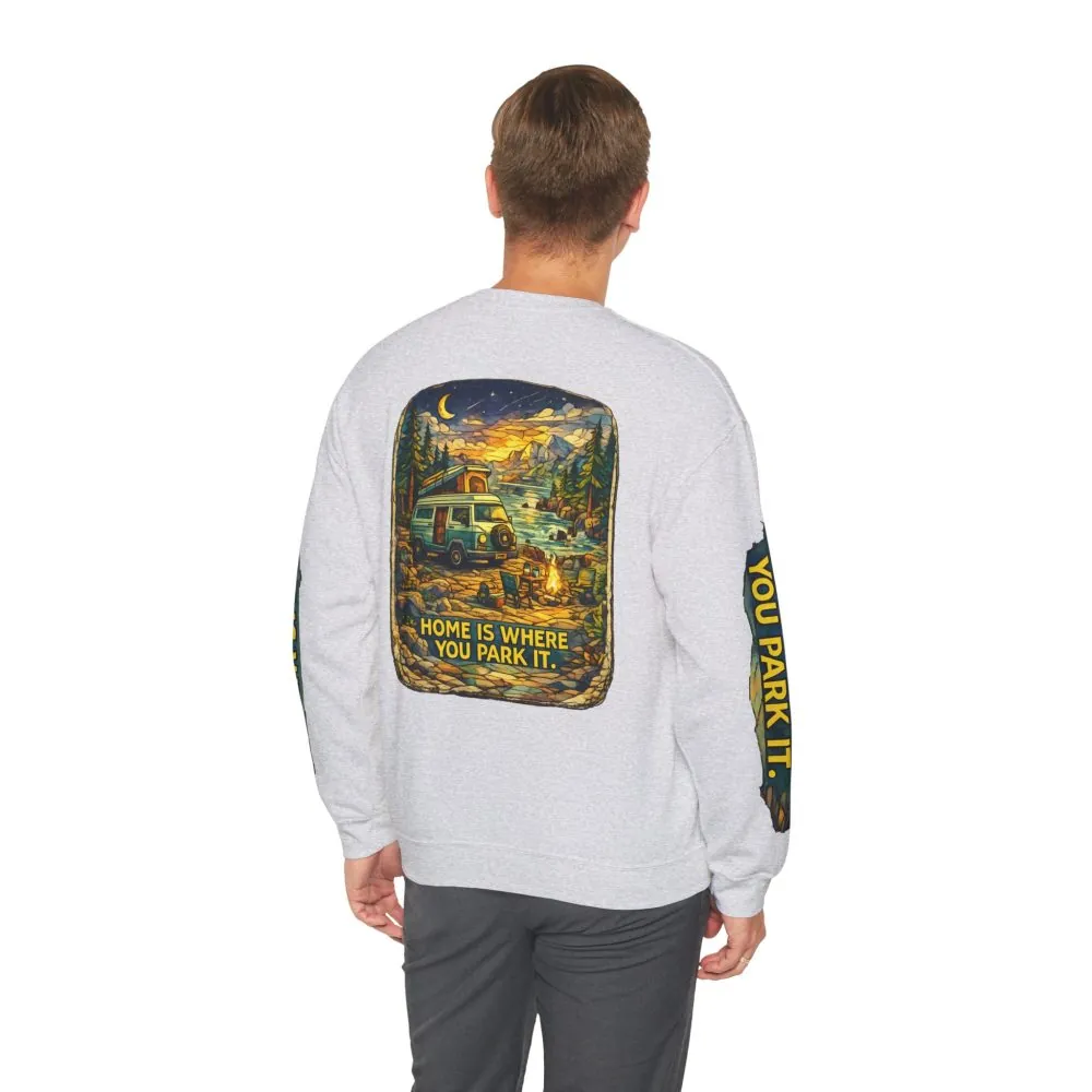 Unisex Heavy Blend™ Crewneck Sweatshirt — "Home Is Where You Park It" Design Cubic-Line