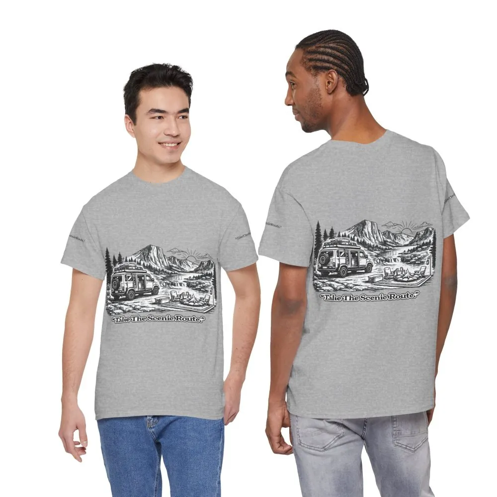 Unisex Heavy Cotton Tee — "Take The Scenic Route" Design Minimal-Line