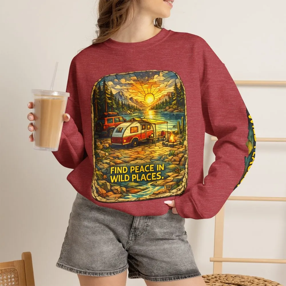 Unisex Heavy Blend™ Crewneck Sweatshirt — "Find Peace In Wild Places" Design Cubic-Line