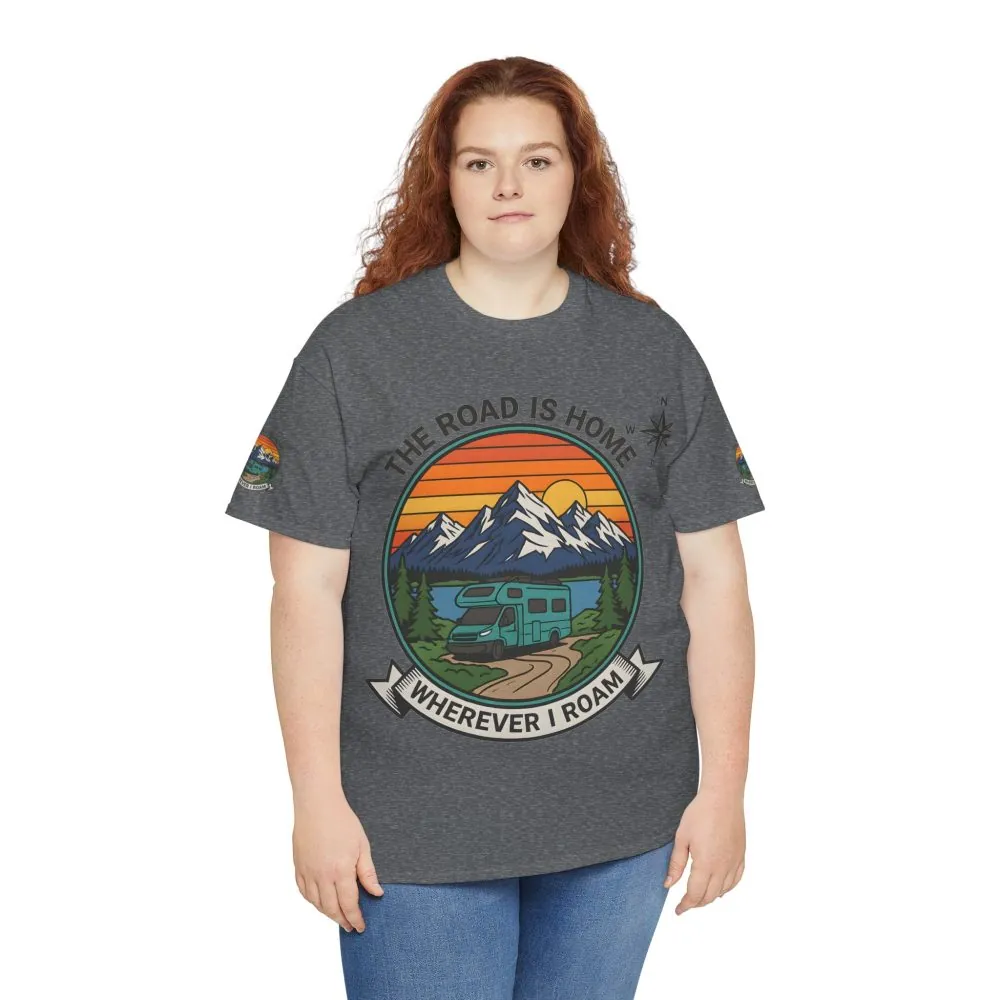 Unisex Heavy Cotton Tee  — 'The Road Is Home, Wherever I Roam' Retro Camper Tee